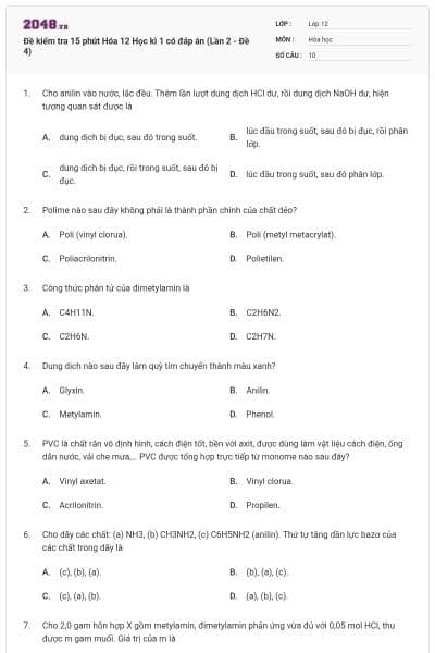 Đề kiểm tra 15 phút Hóa 12 Học kì 1 có đáp án (Lần 2 - Đề 4)