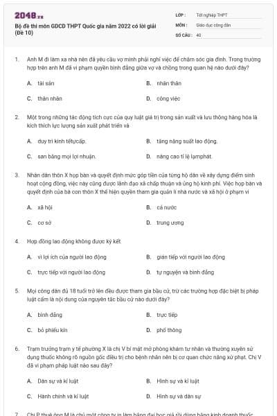 Bộ đề thi môn GDCD THPT Quốc gia năm 2022 có lời giải (Đề 10)