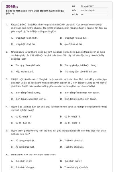 Bộ đề thi môn GDCD THPT Quốc gia năm 2022 có lời giải (Đề 11)