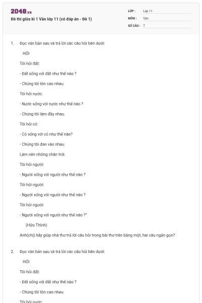 Đề thi giữa kì 1 Văn lớp 11 (có đáp án - Đề 1)