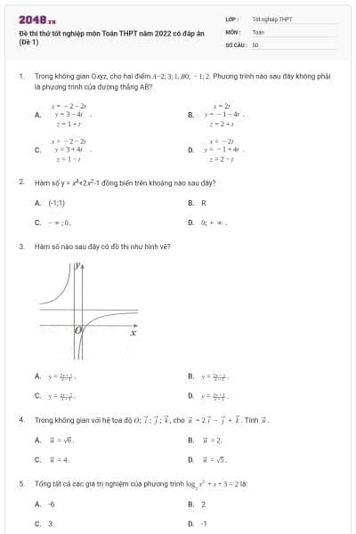 Đề thi thử tốt nghiệp môn Toán THPT năm 2022 có đáp án (Đề 1)