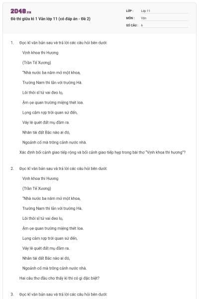 Đề thi giữa kì 1 Văn lớp 11 (có đáp án - Đề 2)