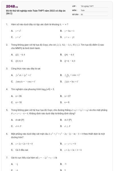 Đề thi thử tốt nghiệp môn Toán THPT năm 2022 có đáp án (Đề 2)