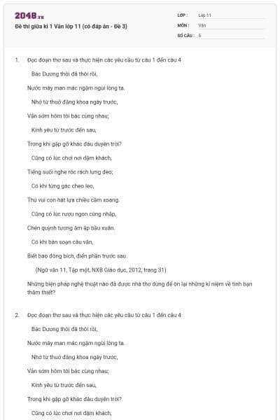 Đề thi giữa kì 1 Văn lớp 11 (có đáp án - Đề 3)