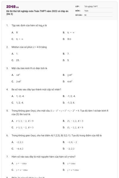 Đề thi thử tốt nghiệp môn Toán THPT năm 2022 có đáp án (Đề 3)