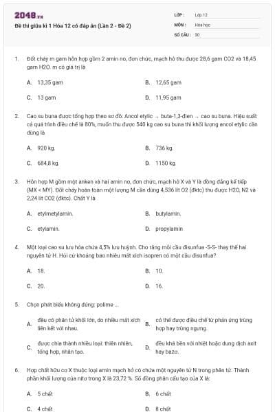 Đề thi giữa kì 1 Hóa 12 có đáp án (Lần 2 - Đề 2)