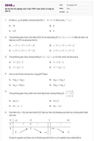Đề thi thử tốt nghiệp môn Toán THPT năm 2022 có đáp án (Đề 4)