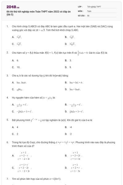 Đề thi thử tốt nghiệp môn Toán THPT năm 2022 có đáp án (Đề 5)