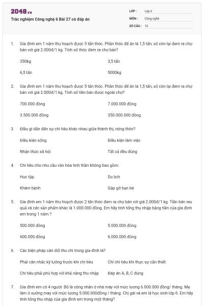 Trắc nghiệm Công nghệ 6 Bài 27 có đáp án