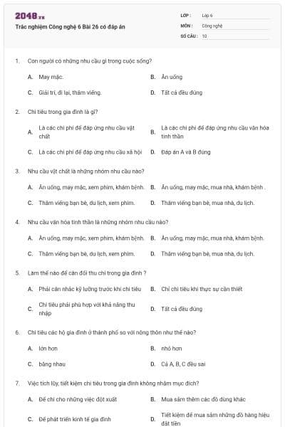 Trắc nghiệm Công nghệ 6 Bài 26 có đáp án