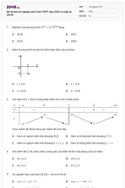 Đề thi thử tốt nghiệp môn Toán THPT năm 2022 có đáp án (đề 8)