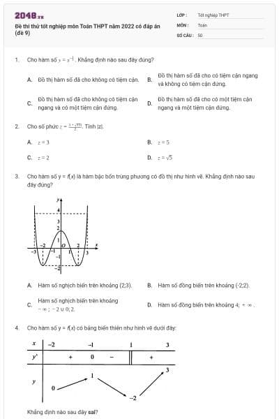 Đề thi thử tốt nghiệp môn Toán THPT năm 2022 có đáp án (đề 9)