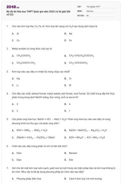Bộ đề thi Hóa học THPT Quốc gia năm 2022 có lời giải (Đề số 22)