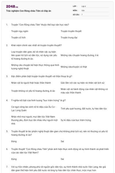 Trắc nghiệm Con Rồng cháu Tiên có đáp án