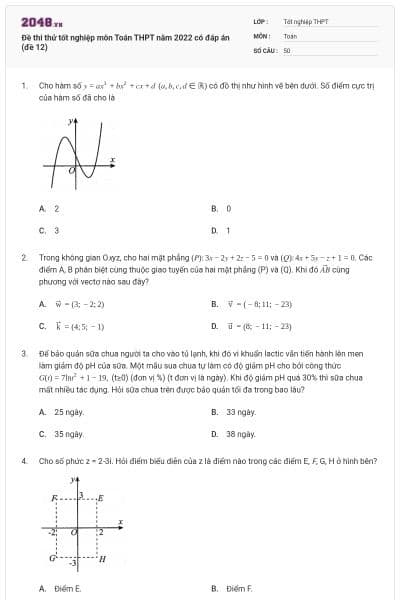 Đề thi thử tốt nghiệp môn Toán THPT năm 2022 có đáp án (đề 12)