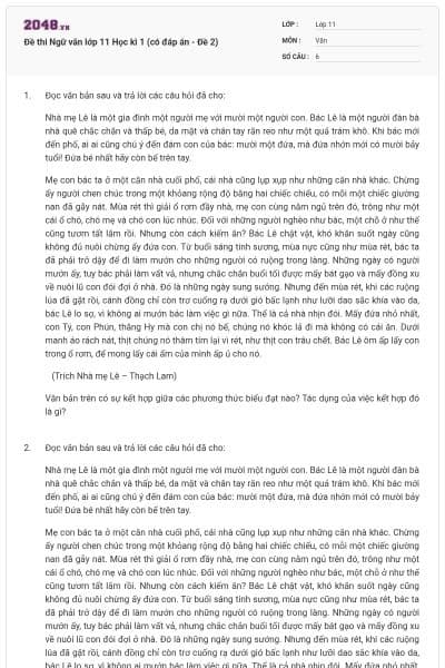 Đề thi Ngữ văn lớp 11 Học kì 1 (có đáp án - Đề 2)