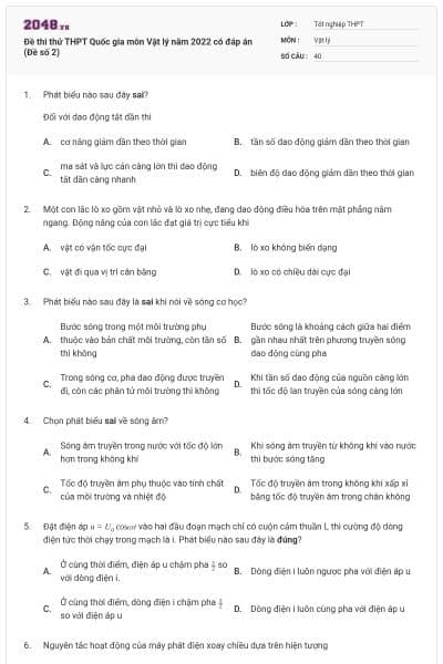Đề thi thử THPT Quốc gia môn Vật lý năm 2022 có đáp án (Đề số 2)
