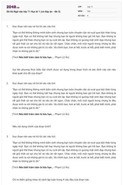 Đề thi Ngữ văn lớp 11 Học kì 1 (có đáp án - Đề 3)