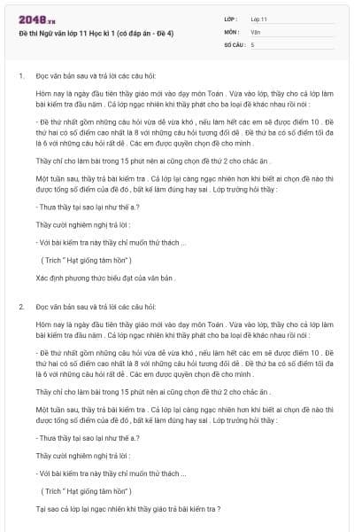 Đề thi Ngữ văn lớp 11 Học kì 1 (có đáp án - Đề 4)