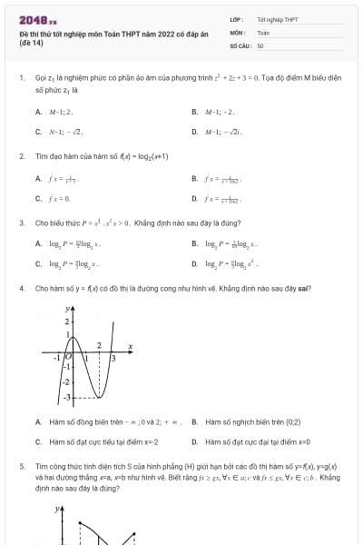 Đề thi thử tốt nghiệp môn Toán THPT năm 2022 có đáp án (đề 14)