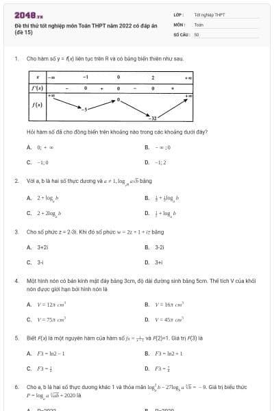Đề thi thử tốt nghiệp môn Toán THPT năm 2022 có đáp án (đề 15)