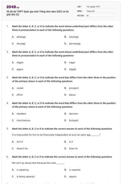 30 đề thi THPT Quốc gia môn Tiếng Anh năm 2022 có lời giải (Đề 22)