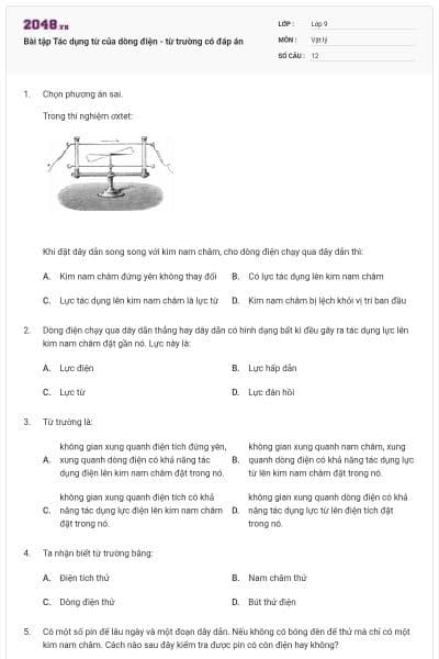Bài tập Tác dụng từ của dòng điện - từ trường có đáp án