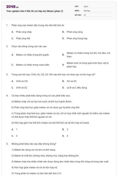 Trắc nghiệm Hóa 9 Bài 36 (có đáp án) Metan (phần 2)