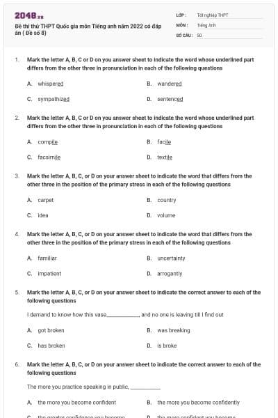 Đề thi thử THPT Quốc gia môn Tiếng anh năm 2022 có đáp án ( Đề số 8)