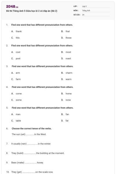 Đề thi Tiếng Anh 5 Giữa học kì 2 có đáp án (Đề 2)