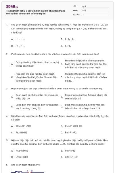 Trắc nghiệm vật lý 9 Bài tập định luật ôm cho đoạn mạch có các điện trở mắc nối tiếp có đáp án