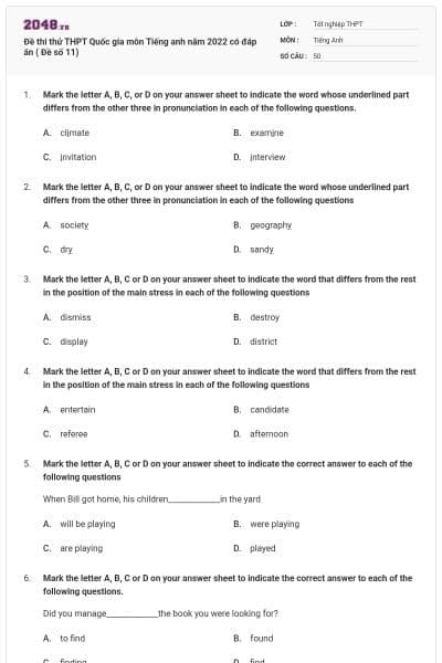 Đề thi thử THPT Quốc gia môn Tiếng anh năm 2022 có đáp án ( Đề số 11)