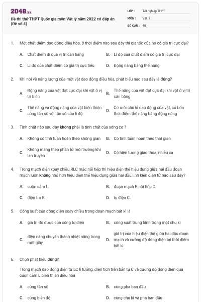 Đề thi thử THPT Quốc gia môn Vật lý năm 2022 có đáp án (Đề số 4)