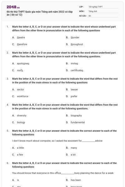 Đề thi thử THPT Quốc gia môn Tiếng anh năm 2022 có đáp án ( Đề số 12)