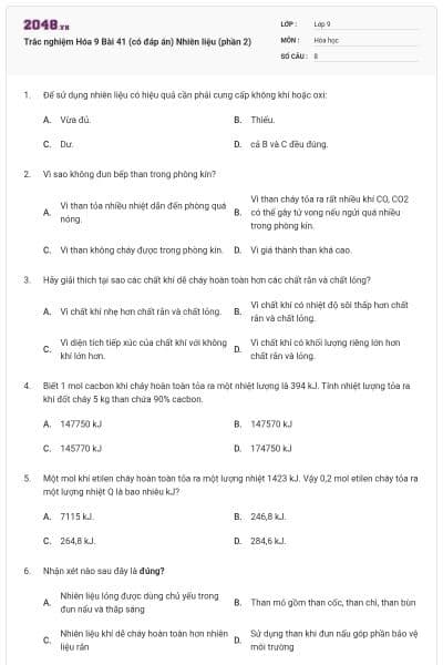 Trắc nghiệm Hóa 9 Bài 41 (có đáp án) Nhiên liệu (phần 2)