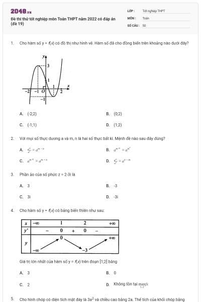Đề thi thử tốt nghiệp môn Toán THPT năm 2022 có đáp án (đề 19)