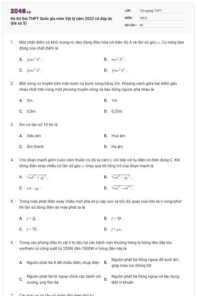Đề thi thử THPT Quốc gia môn Vật lý năm 2022 có đáp án (Đề số 5)