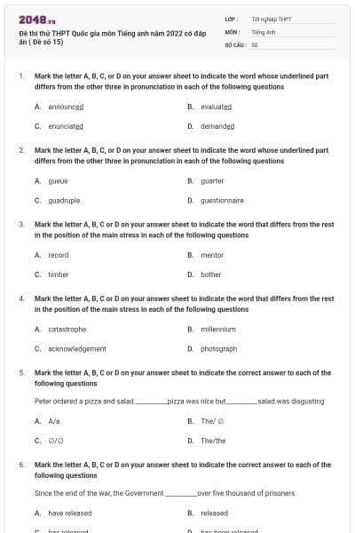 Đề thi thử THPT Quốc gia môn Tiếng anh năm 2022 có đáp án ( Đề số 15)