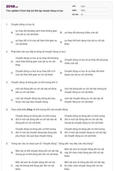 Trắc nghiệm lí 8(có đáp án) Bài tập chuyển động cơ học