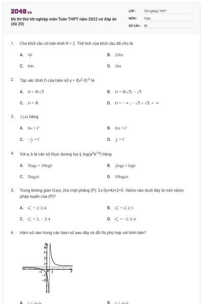 Đề thi thử tốt nghiệp môn Toán THPT năm 2022 có đáp án (đề 20)