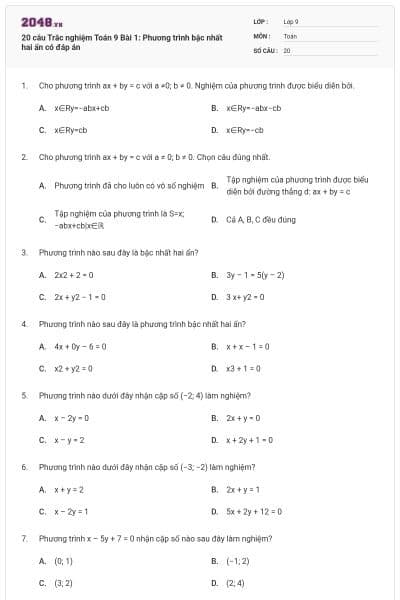 20 câu Trắc nghiệm Toán 9 Bài 1: Phương trình bậc nhất hai ẩn có đáp án