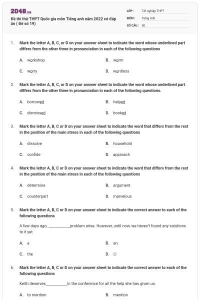 Đề thi thử THPT Quốc gia môn Tiếng anh năm 2022 có đáp án ( Đề số 19)