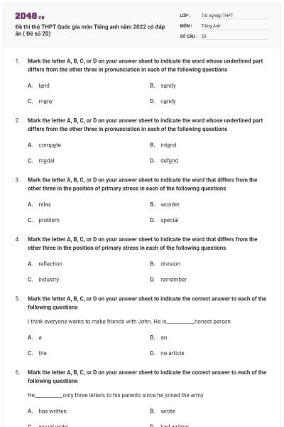 Đề thi thử THPT Quốc gia môn Tiếng anh năm 2022 có đáp án ( Đề số 20)