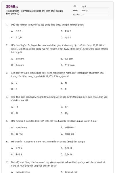 Trắc nghiệm Hóa 9 Bài 25 (có đáp án) Tính chất của phi kim (phần 2)