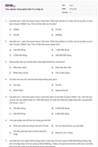 Trắc nghiệm Công nghệ 6 Bài 27 có đáp án