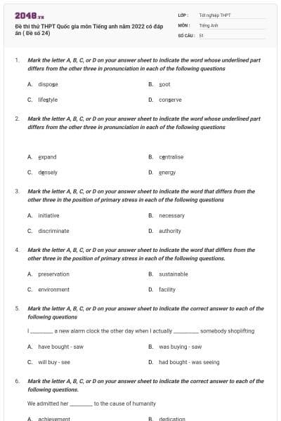 Đề thi thử THPT Quốc gia môn Tiếng anh năm 2022 có đáp án ( Đề số 24)