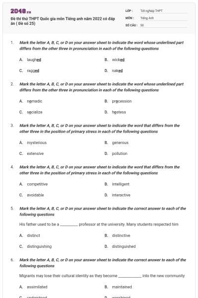 Đề thi thử THPT Quốc gia môn Tiếng anh năm 2022 có đáp án ( Đề số 25)
