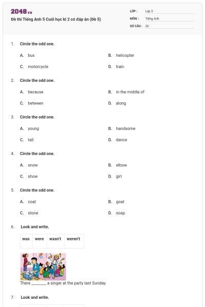 Đề thi Tiếng Anh 5 Cuối học kì 2 có đáp án (Đề 5)