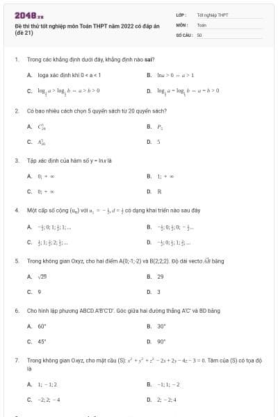 Đề thi thử tốt nghiệp môn Toán THPT năm 2022 có đáp án (đề 21)