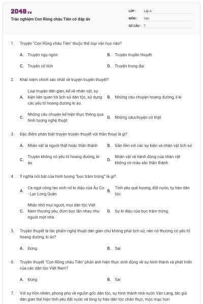 Trắc nghiệm Con Rồng cháu Tiên có đáp án